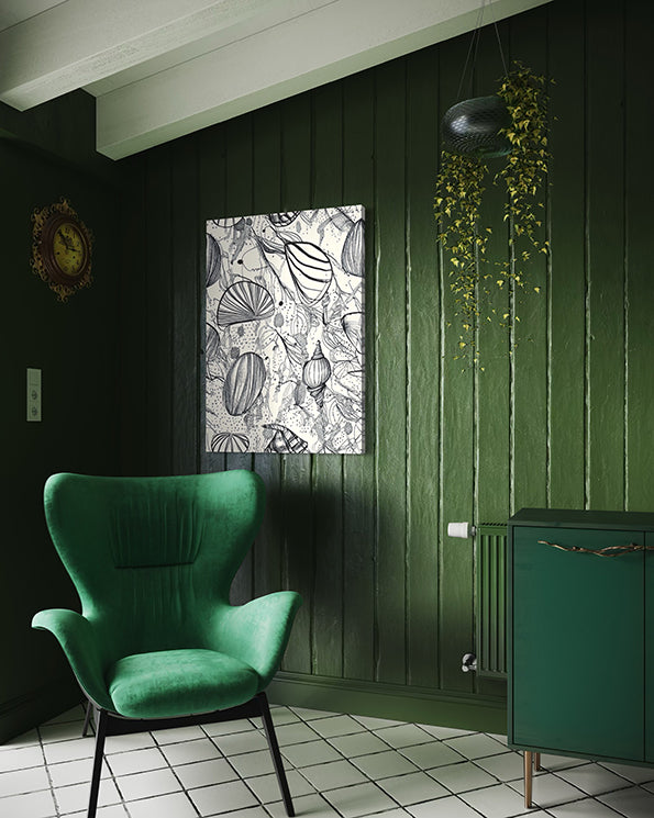 shells unique wall art print, abstract coastal sketch featuring shells. Wall art from living room.