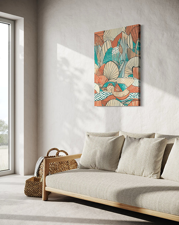 unique wall art print tidal shells is an abstract sketch featuring shells and line drawing. wall art in living room above a beige couch.