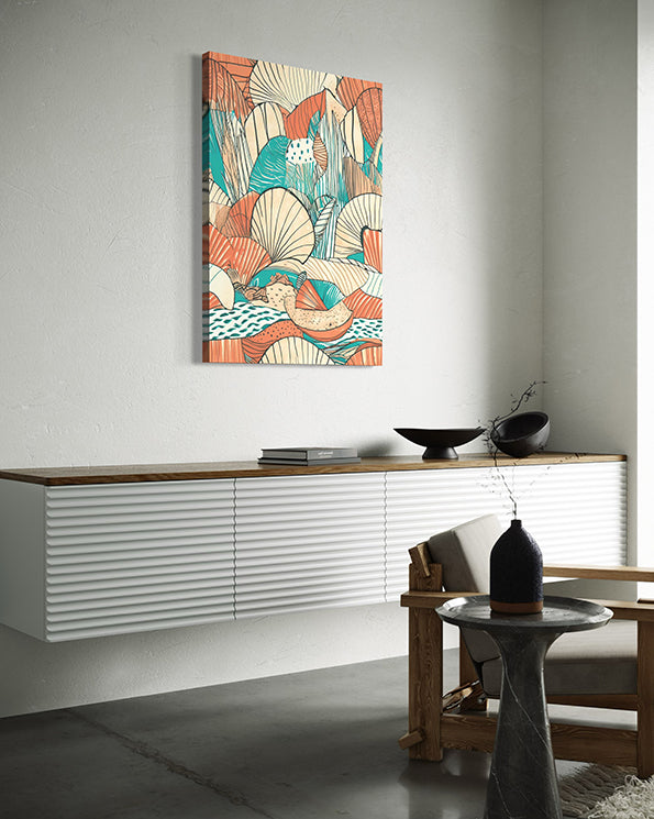 unique wall art print tidal shells is an abstract sketch featuring shells and line drawing. Abstract art print in living room.
