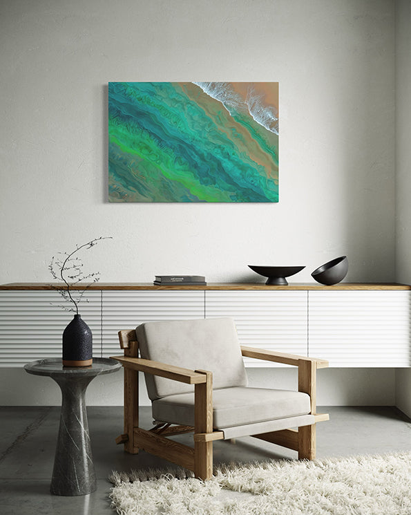 tidal whispers unique wall art print, waves gentle lapping at the shore in green and aqua tones. art print in living room.