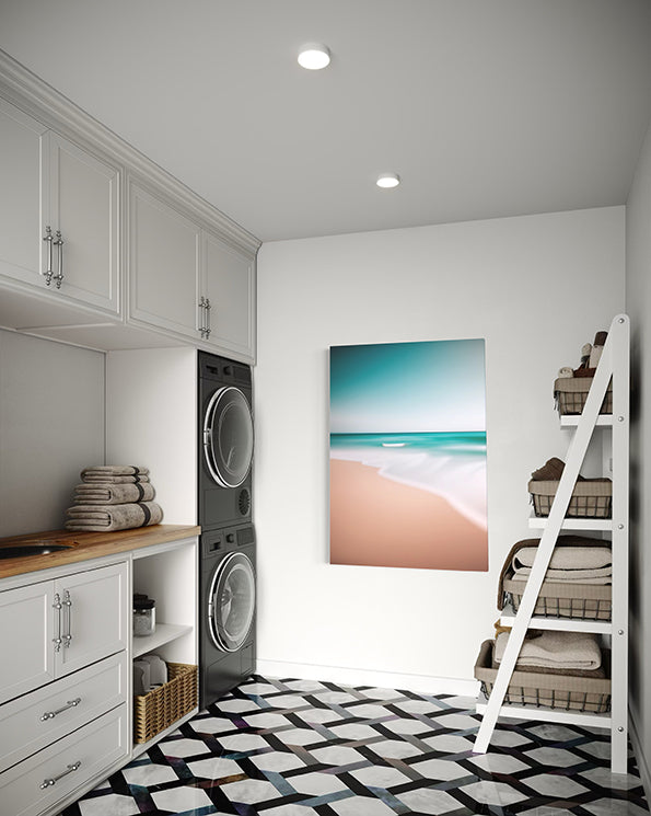 Unique Wall Art print, white wash, encapsulates the clean, fresh energy of the ocean as it meets the shore. wall art print hanging in laundry room.