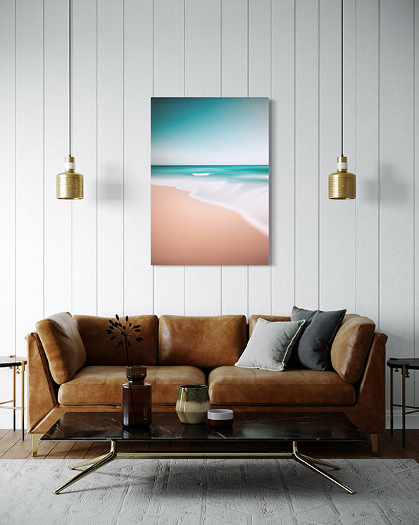 Unique Wall Art print, white wash, encapsulates the clean, fresh energy of the ocean as it meets the shore. Wall art print hanging in living room.