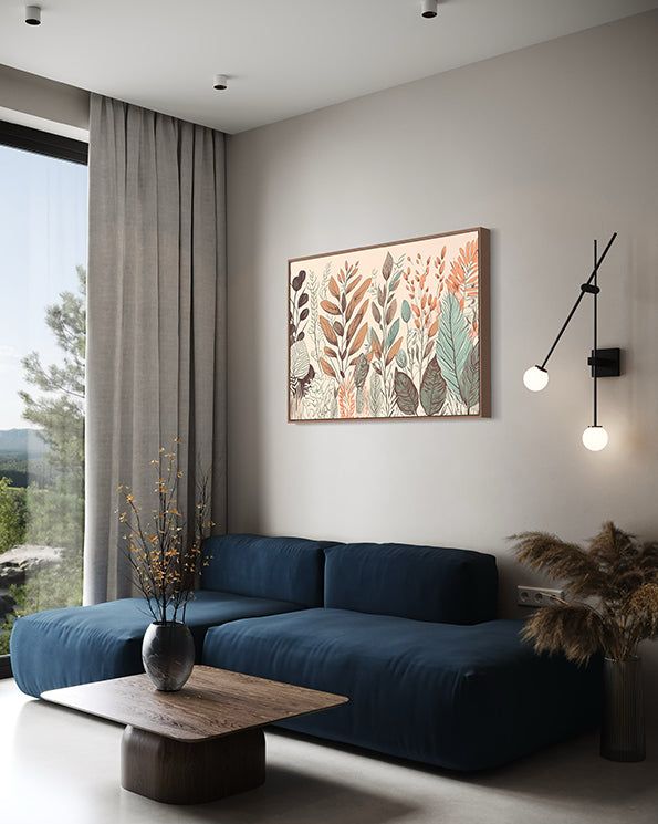 Australian Wall Art prints Botanical Wall Art in earthy colours leaves in neutral tones. digital print in living room.