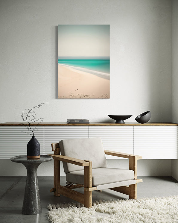 Aqua Dreams Unique Wall Art coastal abstract artwork of shoreline in aqua and white. Unique Wall art in living room.