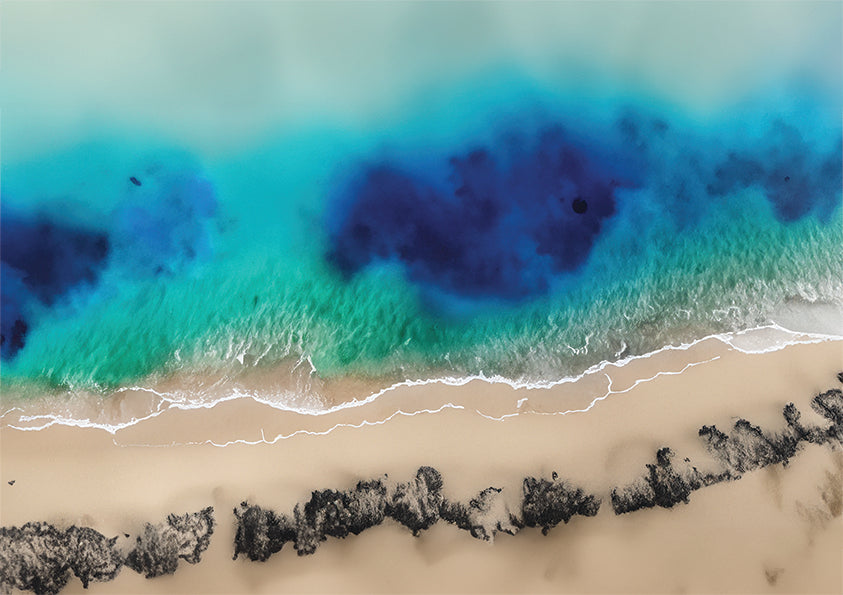 abstract coastal wall art print, ocean and sand from areal view.