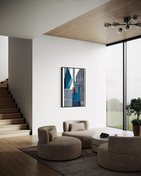 abstract unique digital art file with blue grey and white rhythmic lines and geometric shapes. Wall Art print hanging in modern living room