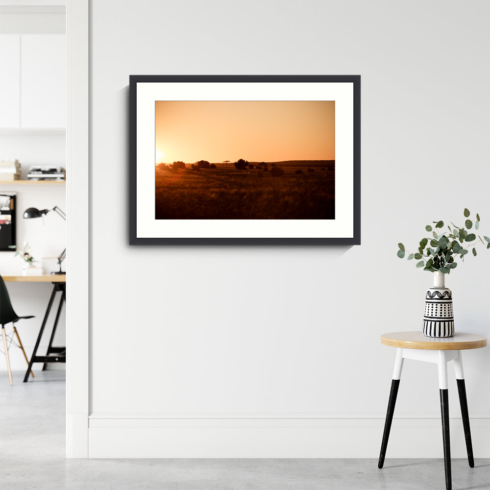 Sunset Landscape Photograph, Nature Photography, Wall Art Print, Golden, black frame