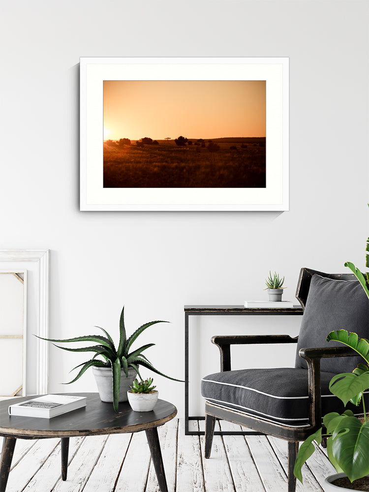 Sunset Landscape Photograph, Nature Photography, Wall Art Print, Golden, white frame