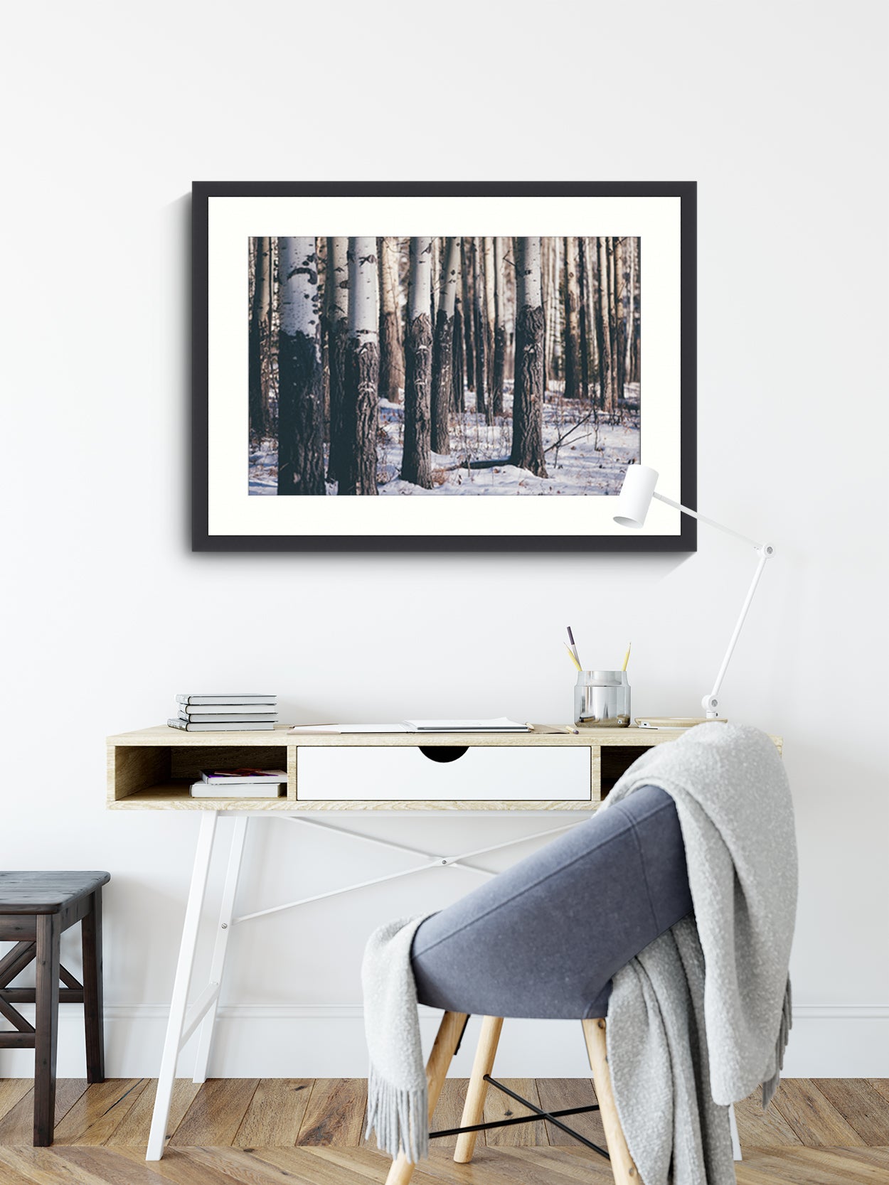 Landscape Photography Wall Art, Into the Woods, Winter Scene Canada Wall Art for office in black frame