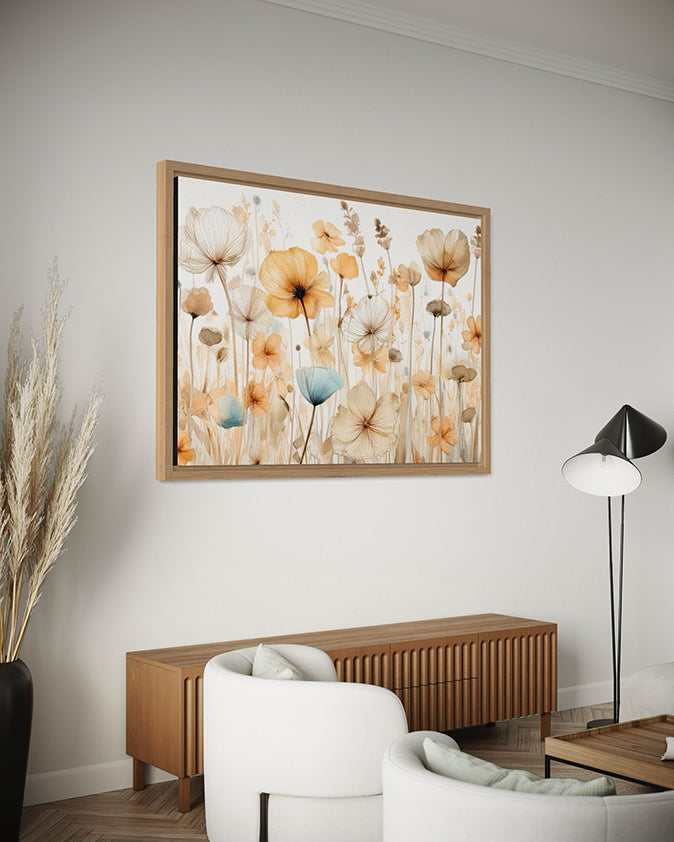 vintage botanical artwork  with a modern flare.  Artwork is hanging in a canvas float frame.  Frame is timber and hangs above a modern lounge unit.  