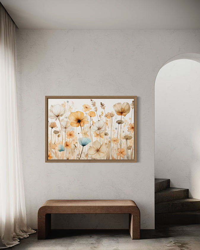 hope is the artwork title for this gorgeous botanical wall art print.  The flowers are vintage looking with soft pastel hues of orange, brown, beige and blue.  Very soft and flowing to look at.  Artwork is hanging in a timber canvas float frame in a modern high end home.  Stylish modern artwork.
