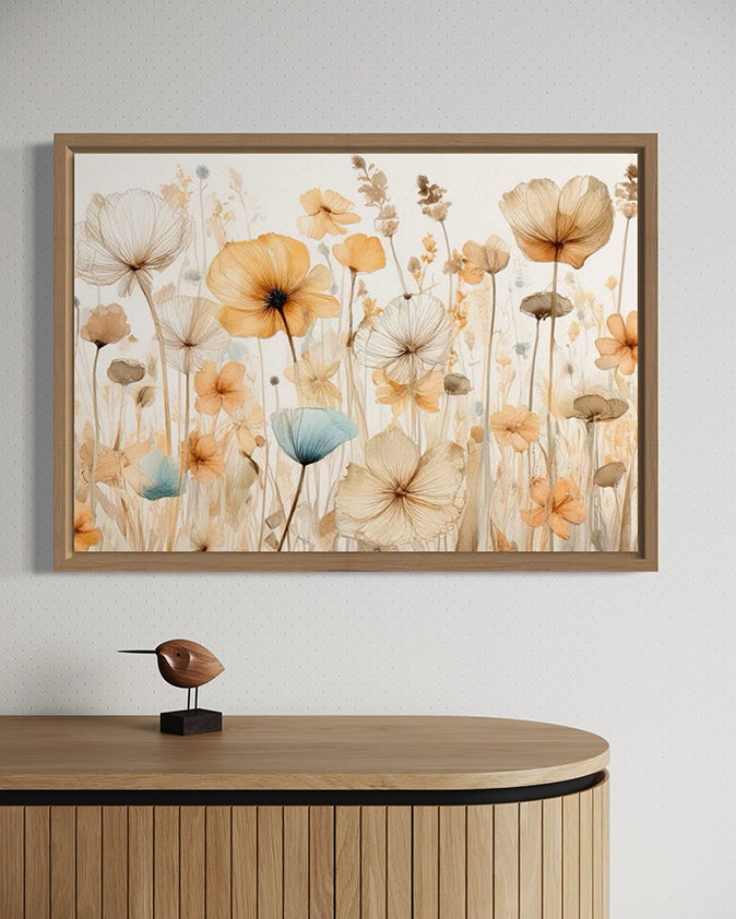 hope is the artwork title for this gorgeous botanical wall art print.  The flowers are vintage looking with soft pastel hues of orange, brown, beige and blue.  Very soft and flowing to look at.  artwork hanging in a timber canvas float frame