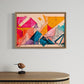 abstract wall art named tilted.  artwork described as bright colours and lines in geometric shapes overlapping to form a visually pleasing artwork. hanging in a canvas float frame