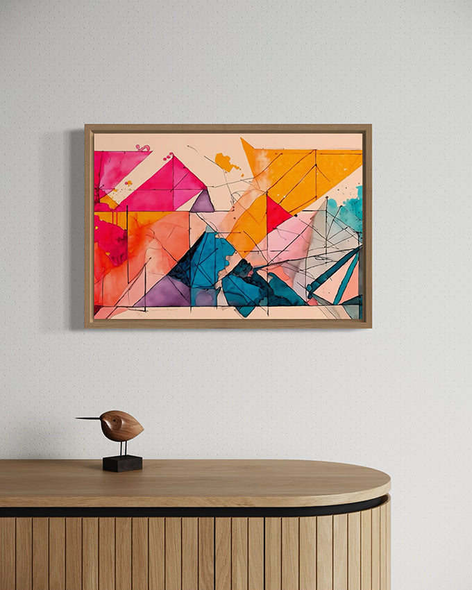 abstract wall art named tilted.  artwork described as bright colours and lines in geometric shapes overlapping to form a visually pleasing artwork. hanging in a canvas float frame
