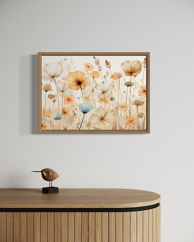 hope is the artwork title for this gorgeous botanical wall art print.  The flowers are vintage looking with soft pastel hues of orange, brown, beige and blue.  Very soft and flowing to look at.  artwork is displayed in a timber hanging float frame