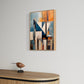 Abstract wall art print with geometric shapes in blue, orange, and grey. Artwork is hanging in a canvas float frame in a modern living room. 