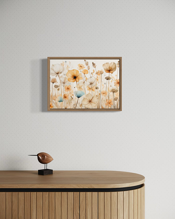 hope is the artwork title for this gorgeous botanical wall art print.  The flowers are vintage looking with soft pastel hues of orange, brown, beige and blue.  Very soft and flowing to look at.  hanging in a canvas float frame above a timber unit. 