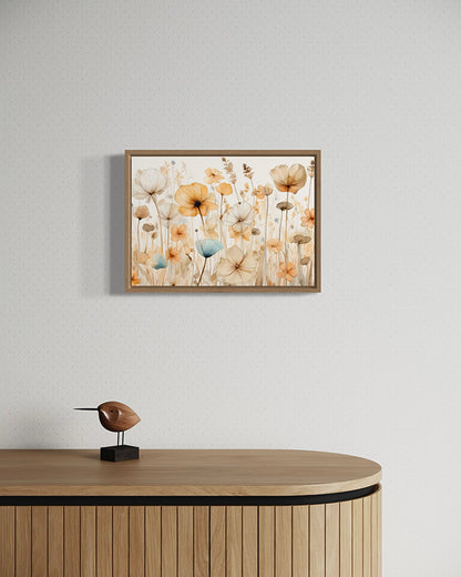 hope is the artwork title for this gorgeous botanical wall art print.  The flowers are vintage looking with soft pastel hues of orange, brown, beige and blue.  Very soft and flowing to look at.  hanging in a canvas float frame above a timber unit. 