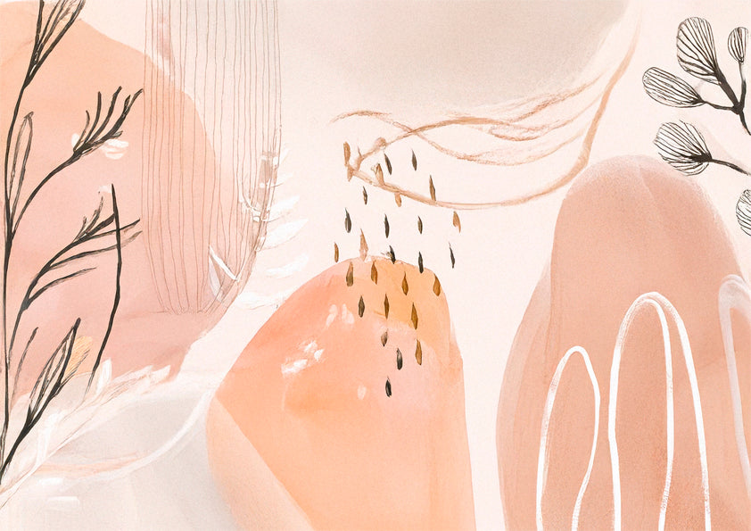 after the rain botanical wall art.  soft pastel colours of apricot and blush pink combined with painted leaves and rain drops create a beautiful and unique abstract nature based artwork.