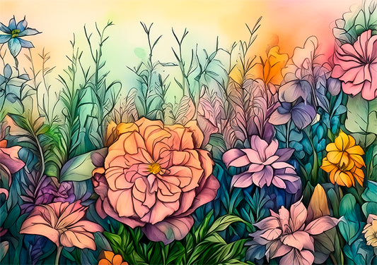 rainbow florals botanical wall art print with pastel rainbow colours