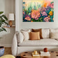 rainbow florals botanical wall art print with pastel rainbow colours botanical wall art print hanging in a living room above a cream coach and timber coffee table.