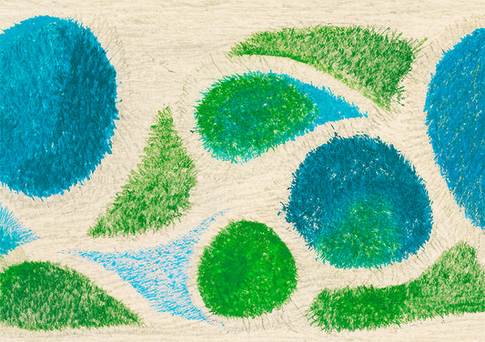 abstract artwork depicting aerial view of a beach with sand and grass shrubs and pools of water with shaky brush strokes making it seem wind swept.