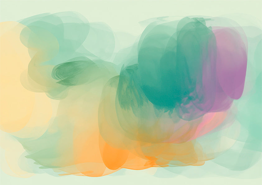 unique wall art print with beautiful pastel green orange and purple shapes and colours, abstract artwork