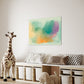 unique wall art print with beautiful pastel green orange and purple shapes and colours, abstract artworkunique wall art print with beautiful pastel green orange and purple shapes and colours, abstract artwork hanging in Childs play room above a toy storage unit