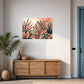 botanical wall art print, dusky pink leaves and green leaves, a unique wall art print hanging in a living room above a low lying cabinet