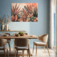 botanical wall art print, dusky pink leaves and green leaves, a unique wall art print hanging in living room on a blue wall above a dining table.
