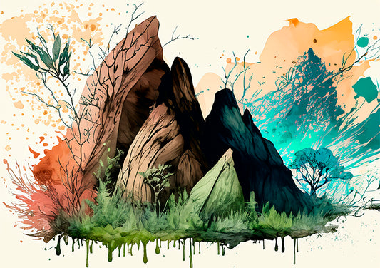 enchanted ranges is a nature wall art print featuring mountain peaks with spaces of colour digitally created to print yourself and hang on your wall