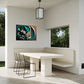 geometric shapes floating in a frame, digital artwork, wall art print in outdoor area.  Unique wall art print.
