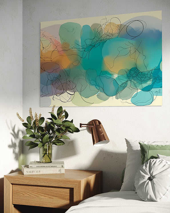 Abstract artwork, line drawing with pastel colours in circular shapes, why is abstract art so beautiful, abstract wall art print hanging above bed