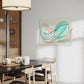 abstract wall art, female form line drawing in pastel colours, wall art in living room hanging above dining table.