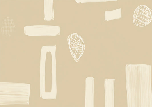 abstract artwork, plan beige background with cream coloured shapes and pine cone like figures