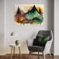 botanical wall art print featuring mountains, pine trees and digital paint splattering, wall art print hanging in living room above grey arm chair