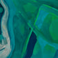 wall art print, artwork depicting an aerial view of the earth as it intersects with rivers and estuaries. Artwork has greens and blues in varying tones.