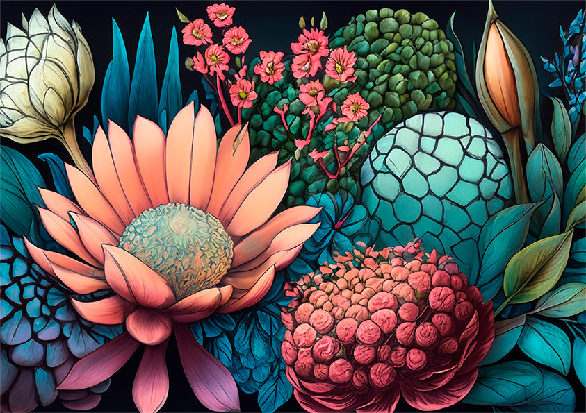 Australian wall art prints, botanical wall art print, with colourful flowers and leaves on a black background