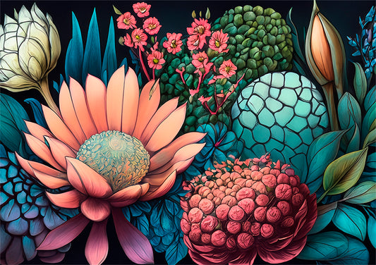 Australian wall art prints, botanical wall art print, with colourful flowers and leaves on a black background