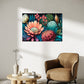 Australian wall art prints, botanical wall art print, with colourful flowers and leaves on a black background, having in living room above a chair and coffee table