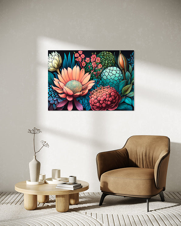 Australian wall art prints, botanical wall art print, with colourful flowers and leaves on a black background, having in living room above a chair and coffee table