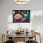Australian wall art prints, botanical wall art print, with colourful flowers and leaves on a black background hanging in a dining room above a table