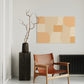wall art print using geometric shapes and subtle colours, pathway is a unique wall art print hanging in a living room above a bar heater and brown armchair