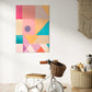 abstract artwork featuring geometric shapes in pastel colours. wall art print hanging in Childs play room.