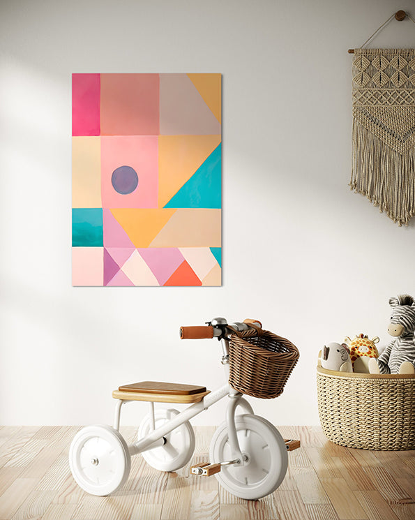 abstract artwork featuring geometric shapes in pastel colours. wall art print hanging in Childs play room.