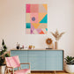 abstract artwork featuring geometric shapes in pastel colours.  Wall art print hanging in living room