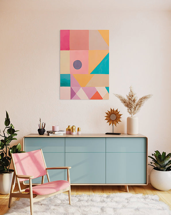 abstract artwork featuring geometric shapes in pastel colours.  Wall art print hanging in living room