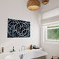 Printable Wall Art, Black, white and Grey abstract artwork with white circular lines, artwork hanging in bathroom above a bath tub