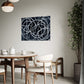 Printable Wall Art, Black, white and Grey abstract artwork with white circular lines, artwork hanging in living room above a dining table