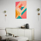 abstract artwork featuring geometric shapes in pastel colours, wall art print hanging in living room